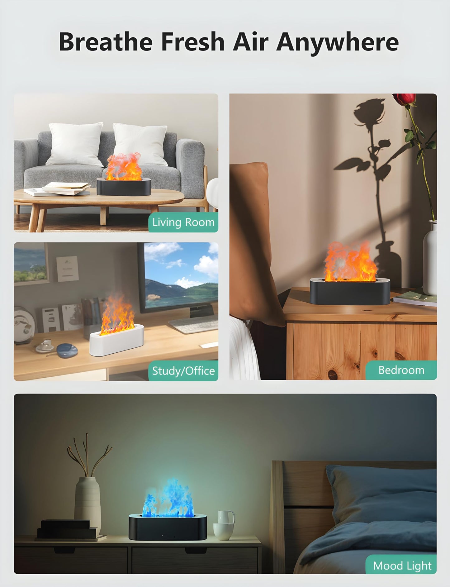 Flame Air Diffuser, Humidifier & Essential Oil Diffuser - 7 Colors, 180mL, 8h, Noiseless, Auto-Off - Black