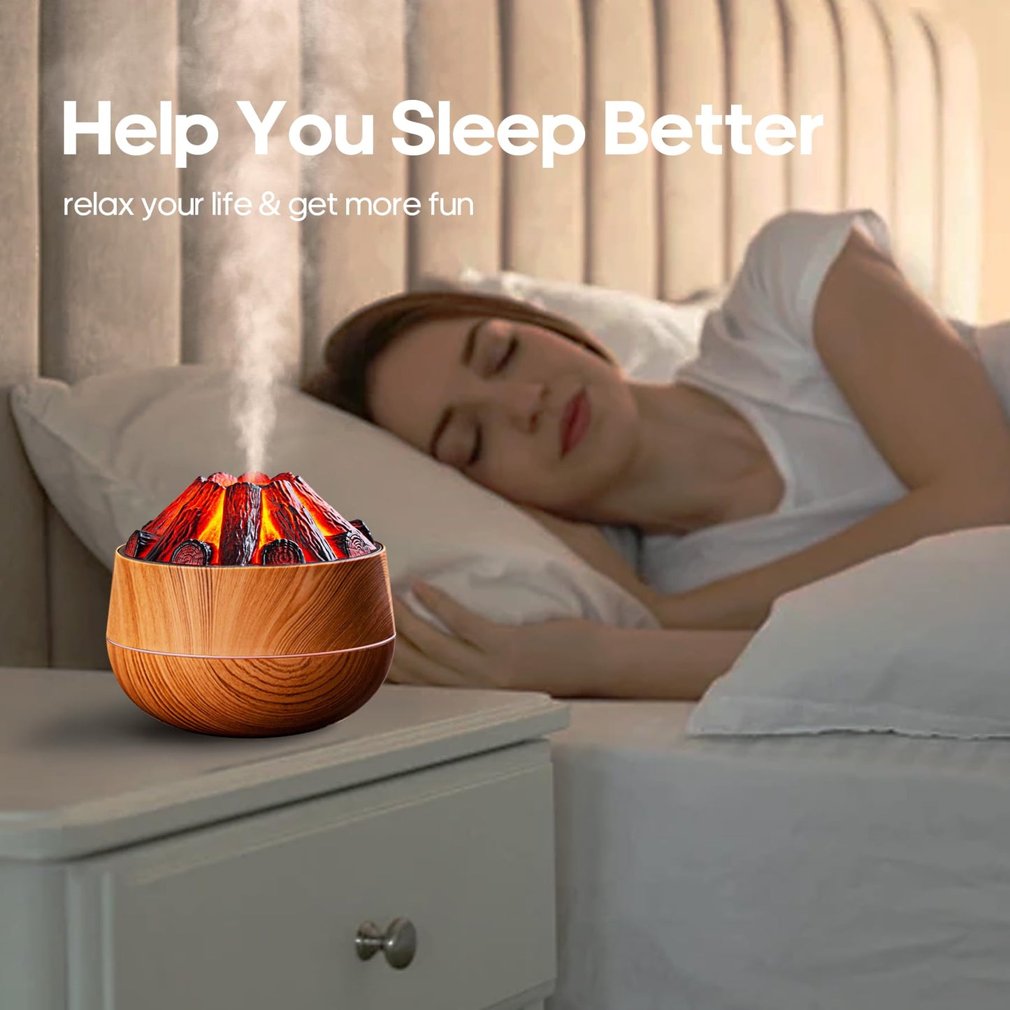 Flame Essential Diffuser Bonfire Humidifier 300ml – Ultra-Quiet Auto-Off, Wood Grain