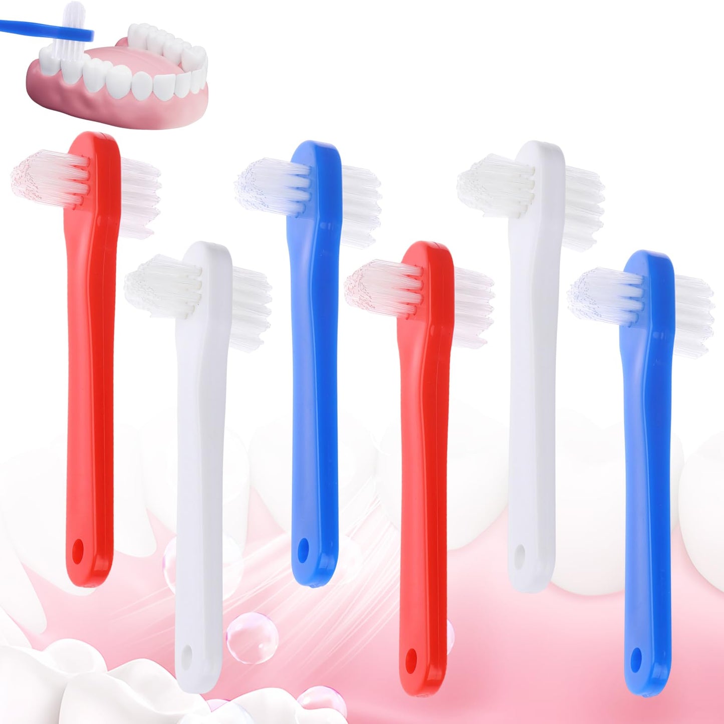 FLATRI 6 Pack Portable Denture Brush – Dual-Headed Hard Bristle Toothbrush for Dentures, False Teeth, Braces & Mouth Guards