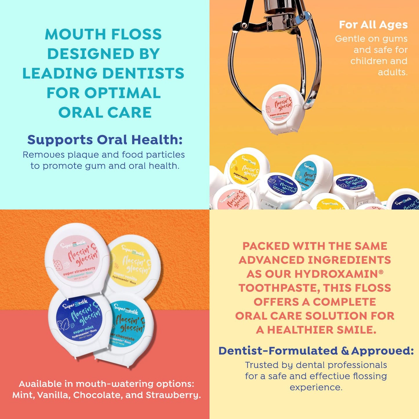 SuperMouth Fluoride-Free Expanding Floss – Nano-Hydroxyapatite + D3 & K2 | Plaque Removal & Enamel Support – 4 Flavors