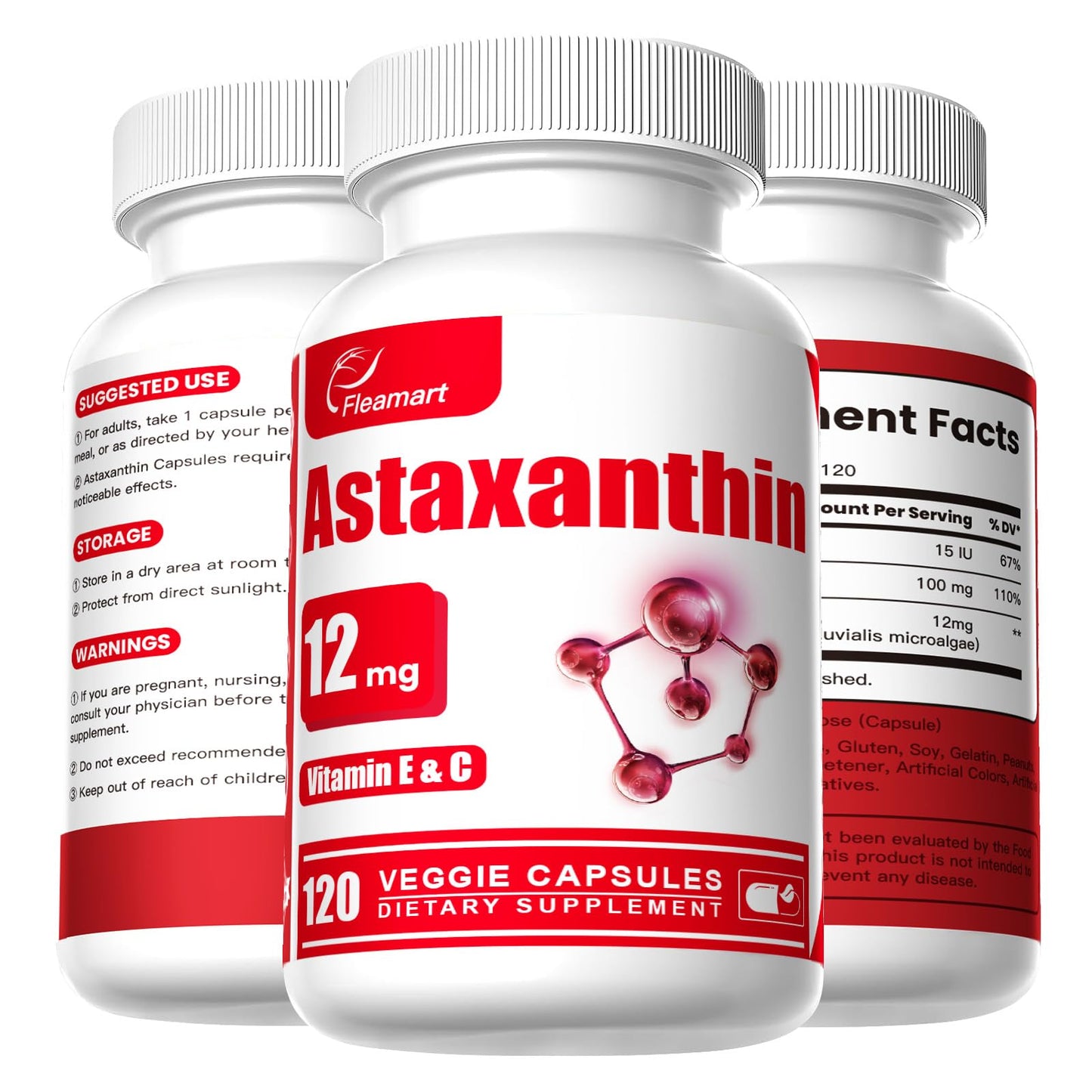 Fleamart Astaxanthin 12mg with Vitamin E & C – 120 Capsules (Vegan, Gluten Free, Non-GMO)