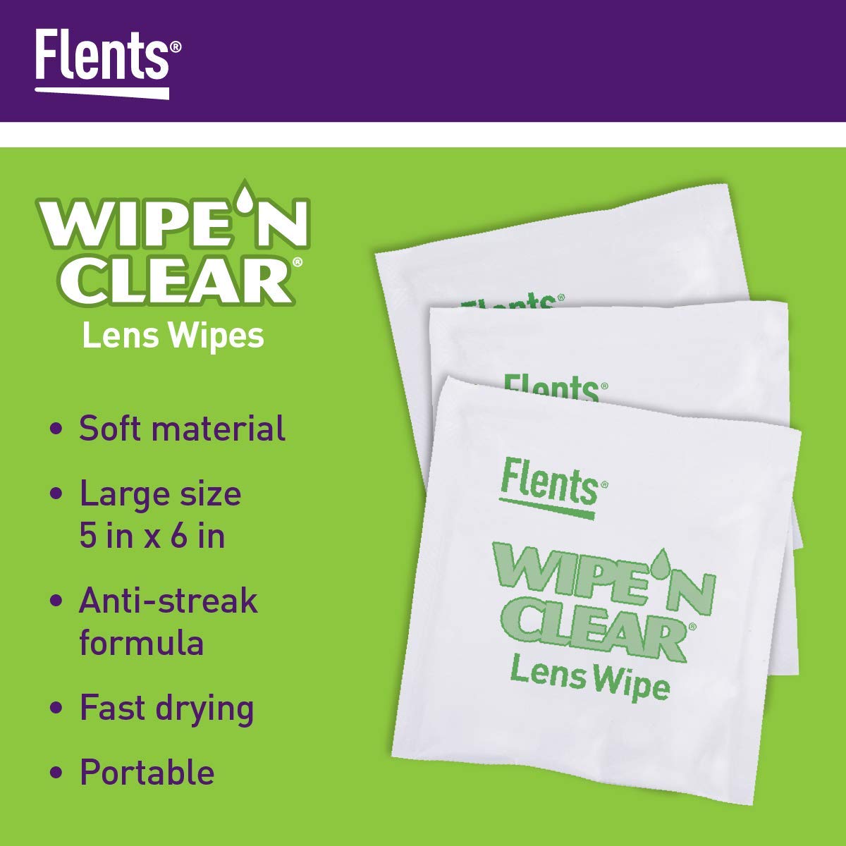 Flents Wipe 'N Clear Lens Cleaning Wipes – 300 Count, 4 Boxes, Pre-Moistened, Fast Drying, Anti-Streak | Made in USA