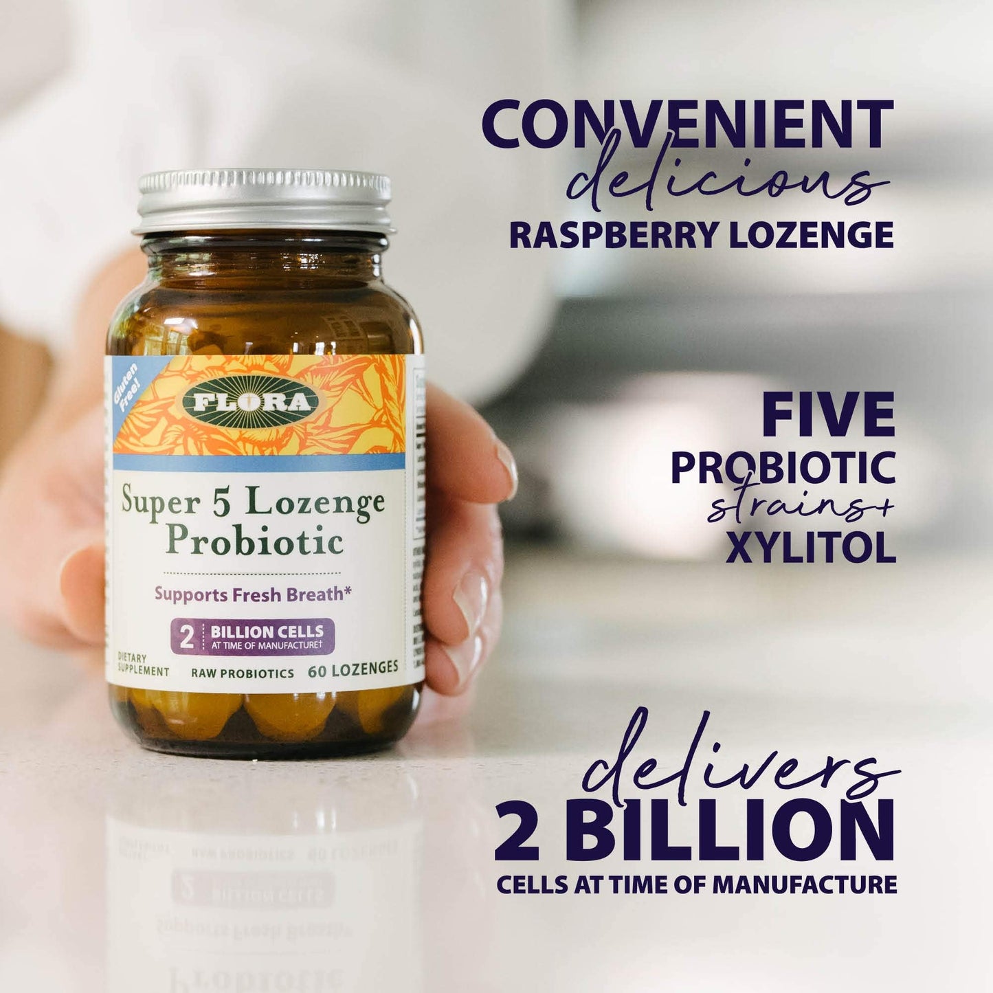 Flora - Super 5 Lozenge Probiotic with 2B CFU, Raspberry, 60 Lozenges