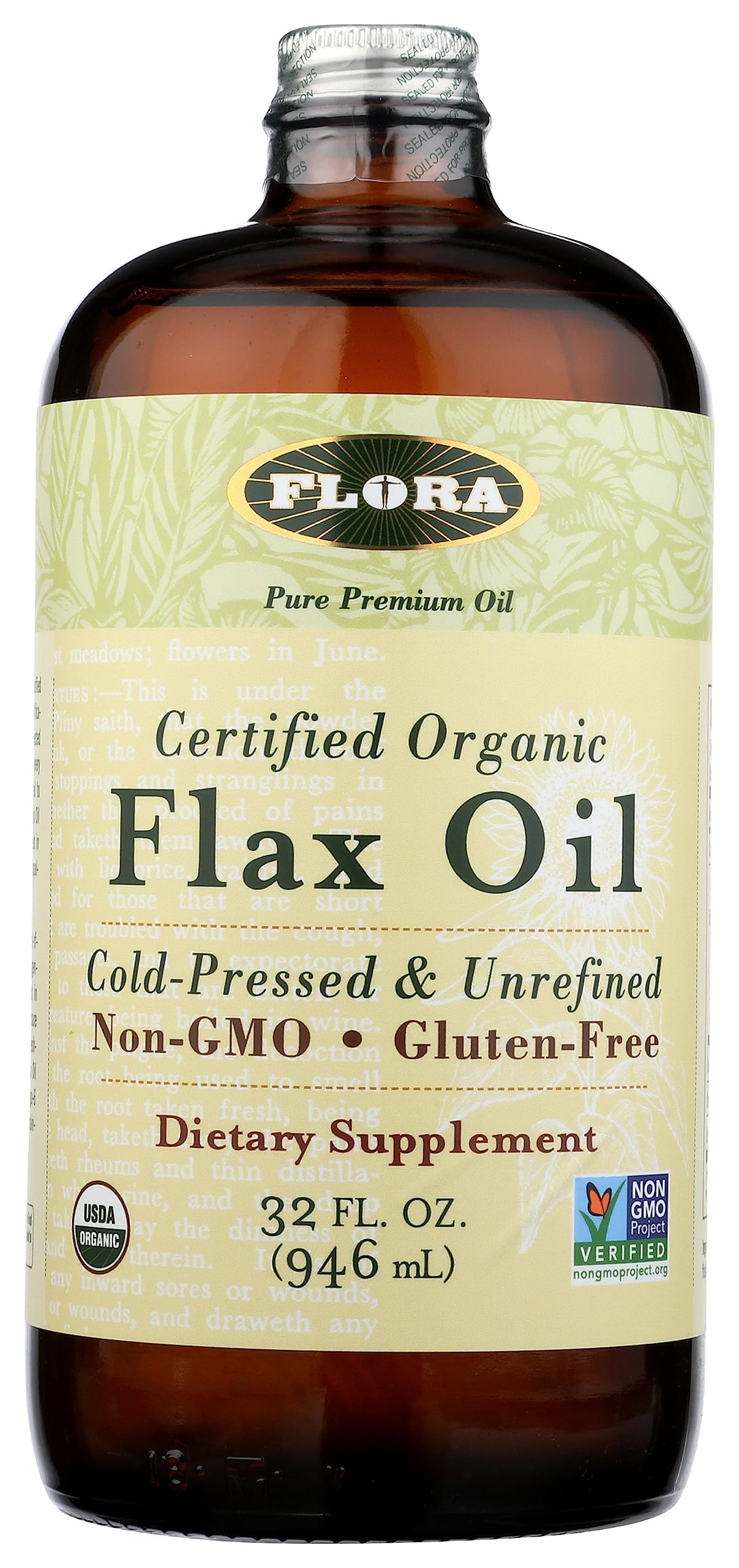 Flora Flax Oil – Cold-Pressed, Organic, Non-GMO, 32 oz Amber Bottle