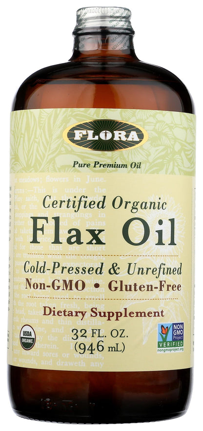 Flora Flax Oil – Cold-Pressed, Organic, Non-GMO, 32 oz Amber Bottle