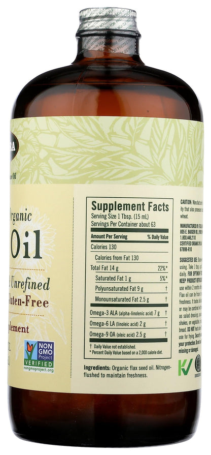 Flora Flax Oil – Cold-Pressed, Organic, Non-GMO, 32 oz Amber Bottle