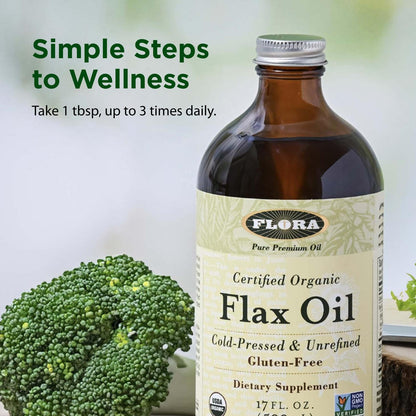 Flora Flax Oil – Cold-Pressed, Organic, Non-GMO, 32 oz Amber Bottle