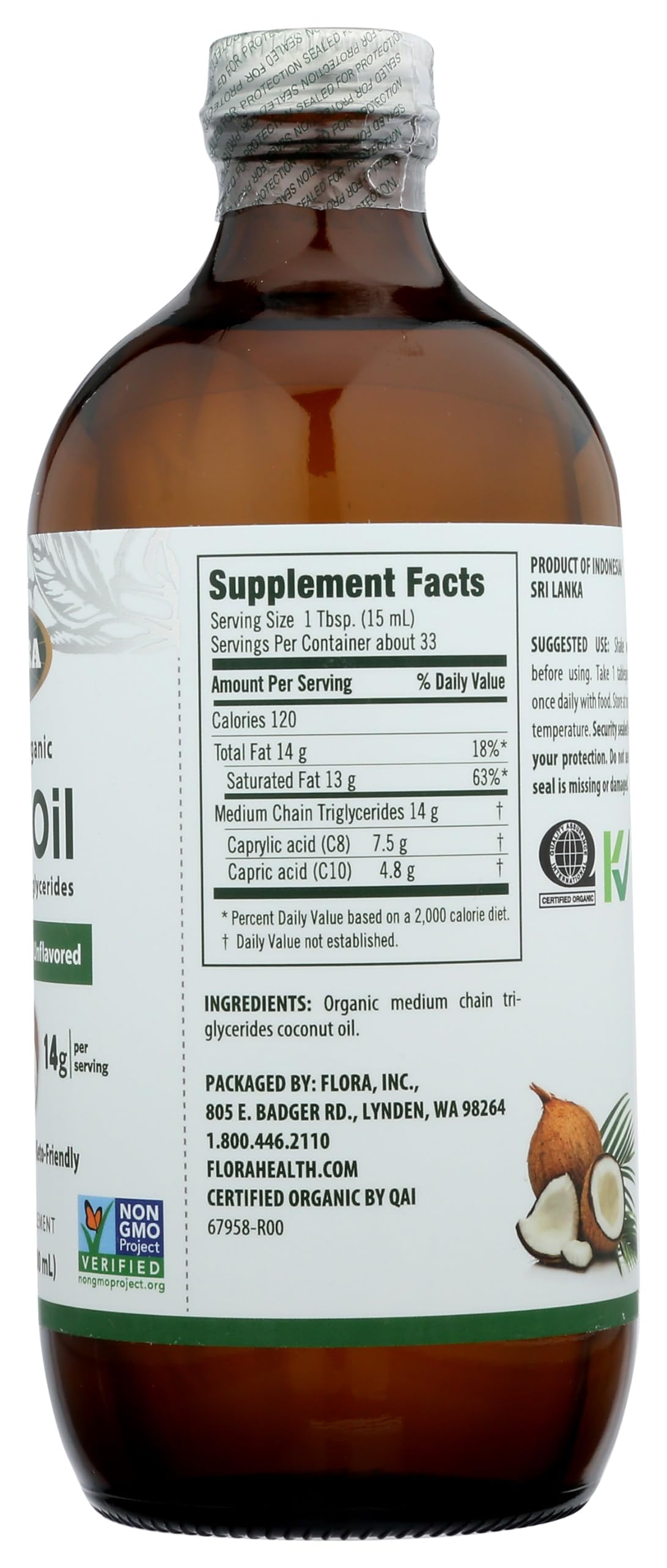 Flora MCT Oil Certified Organic – C8/C10, Non-GMO, Vegan, 32 oz