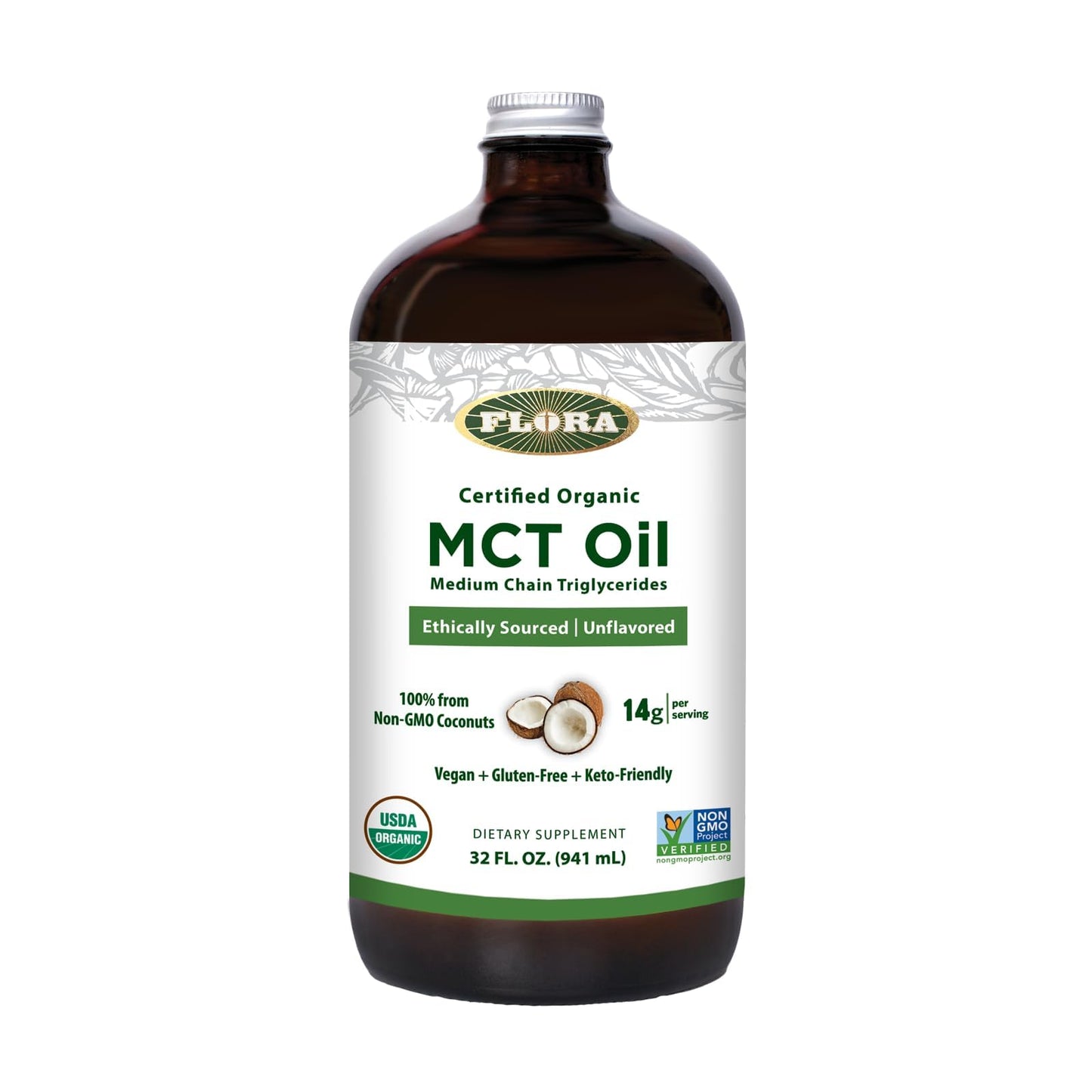 Flora MCT Oil Certified Organic – C8/C10, Non-GMO, Vegan, 32 oz