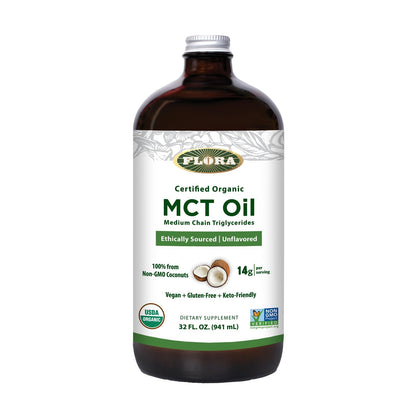 Flora MCT Oil Certified Organic – C8/C10, Non-GMO, Vegan, 32 oz