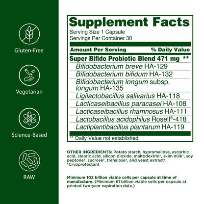 Flora Super Bifido Plus 102 Billion CFU | Raw Probiotics for Digestive Balance - 30 Veg Capsules