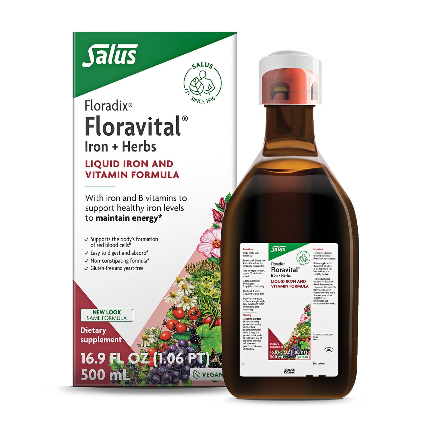 Floradix Floravital Liquid Iron & Vitamin Formula – Vegan, Gluten-Free, Non-GMO (16.9 fl oz)