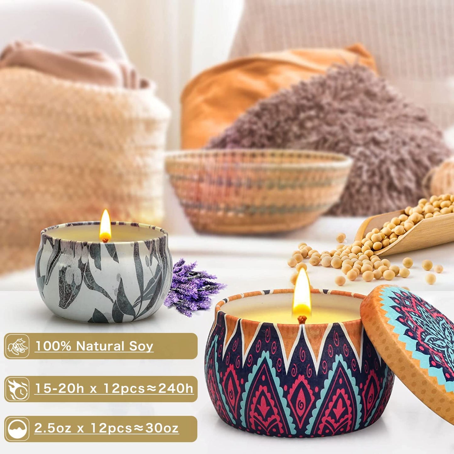 12 Pack Scented Soy Candles - Floral Gift Set for Women | Valentines Day & Mother's Day