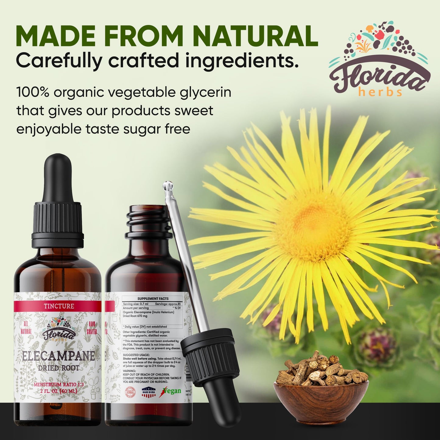FLORIDA HERBS Elecampane Tincture Organic Elecampane Extract (Inula Helenium) Dried Root - Non-GMO 700 mg 2 oz (60 ml)