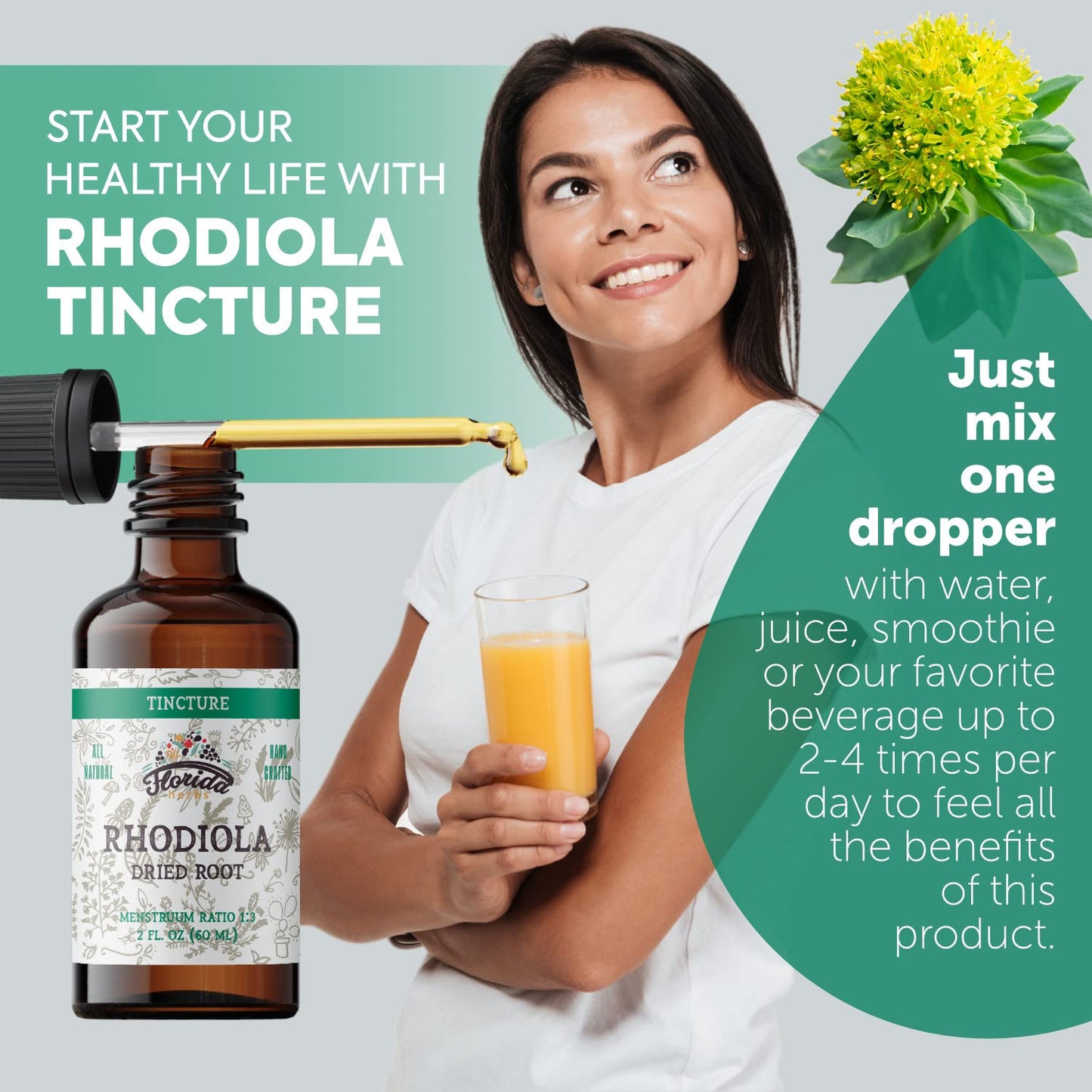 Florida Herbs Rhodiola Tincture – Organic Rhodiola Rosea Extract (2 oz, 670 mg) Non-GMO