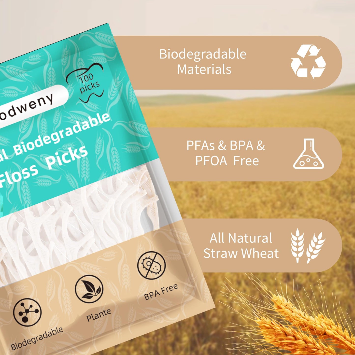 Biodegradable Dental Floss Picks 200 Count – Vegan Plant-Based Handle Eco Friendly Tooth Flossers