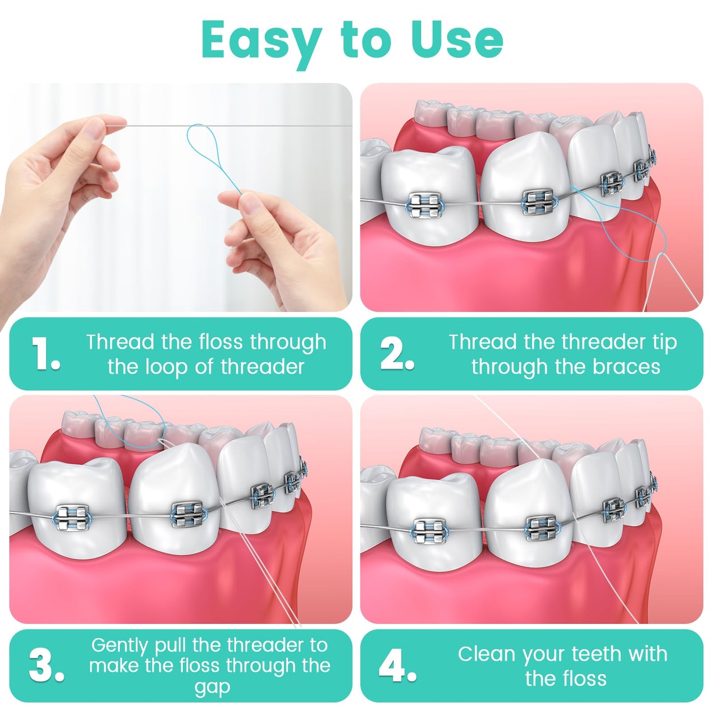 Floss Threaders 400 Count (4 Pack) + Mint Waxed Floss 50m - For Braces, Bridges, Implants & Permanent Retainers