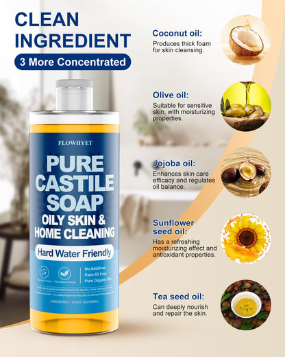 FLOWHYET Pure Castile Soap Liquid Unscented 33.8 oz – 3X Concentrated