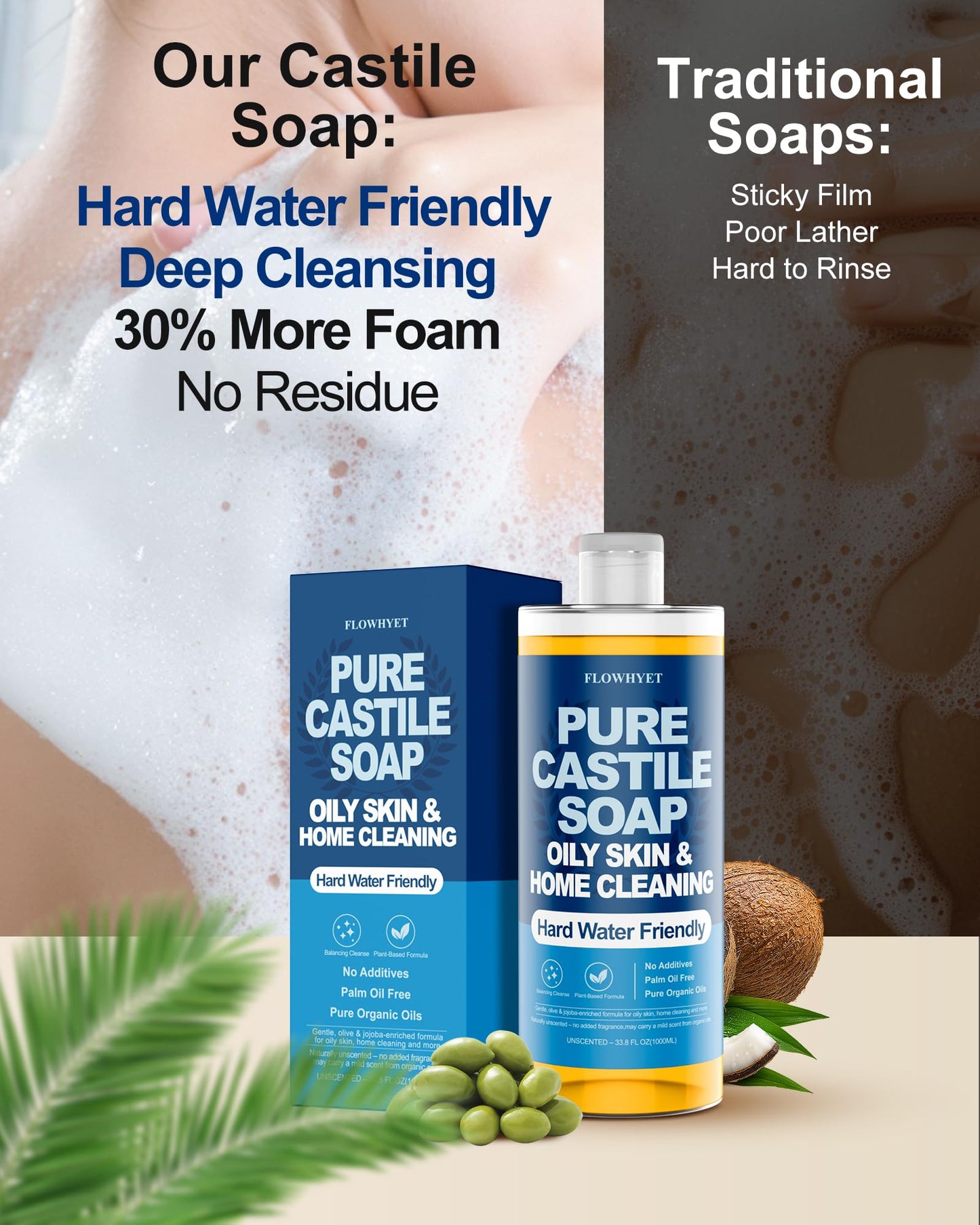 FLOWHYET Pure Castile Soap Liquid Unscented 33.8 oz – 3X Concentrated