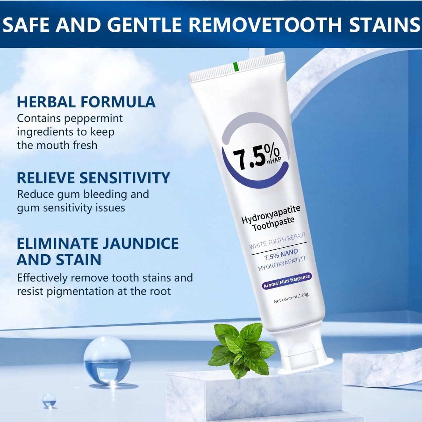 Hydroxyapatite Toothpaste - Enamel Protection, Fluoride-Free, Gentle Mint (4.23 oz)