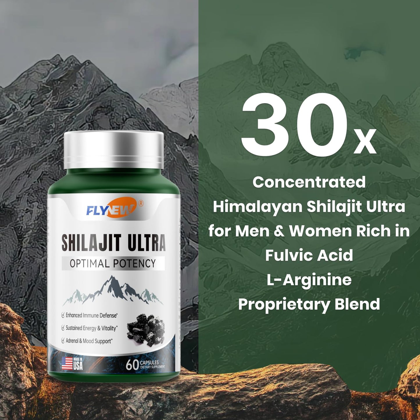 Flynew Shilajit — Premium Fulvic Acid Shilajit with L-Arginine, 60 Capsules, Made in USA