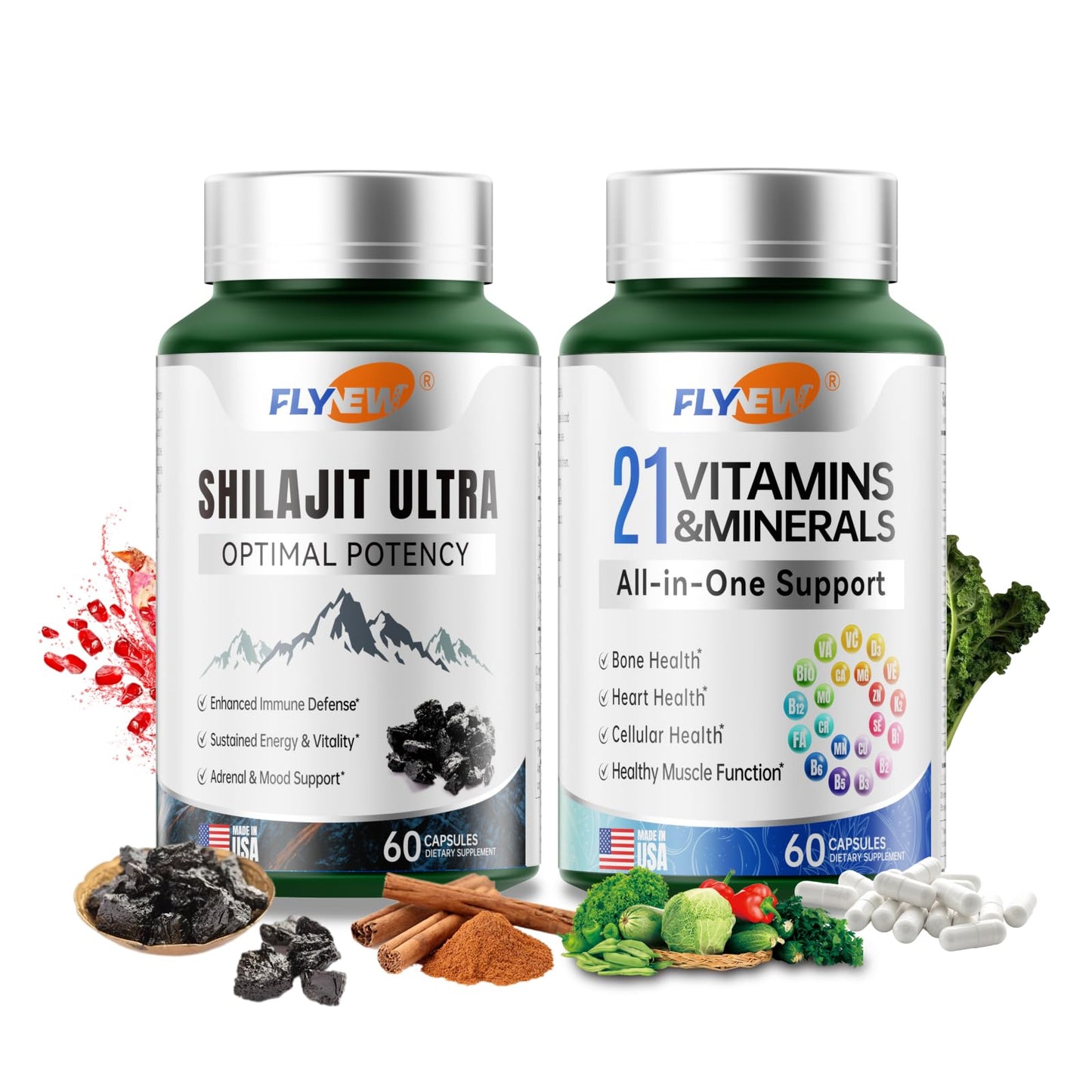 Flynew Shilajit + Multivitamin Set for Men & Women – Energy, Immunity, 60 Capsules