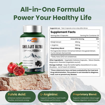 Flynew Shilajit — Premium Fulvic Acid Shilajit with L-Arginine, 60 Capsules, Made in USA
