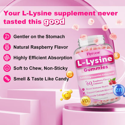 Flyrocer 2 Pack 1000mg L-Lysine Gummies – Lips & Oral Health, Immune Support, Collagen & Calcium, Vegan Raspberry, 120 Count