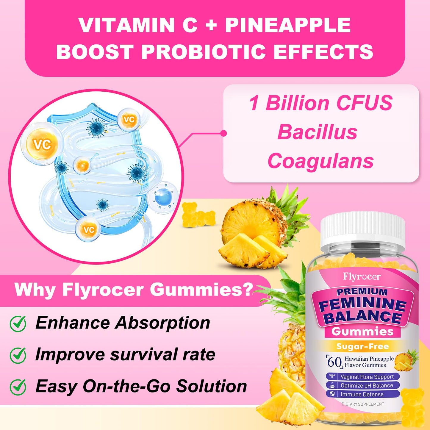 Flyrocer Feminine Balance Gummies – PH Balance & Vaginal Flora Support (60 Count) – Vegan