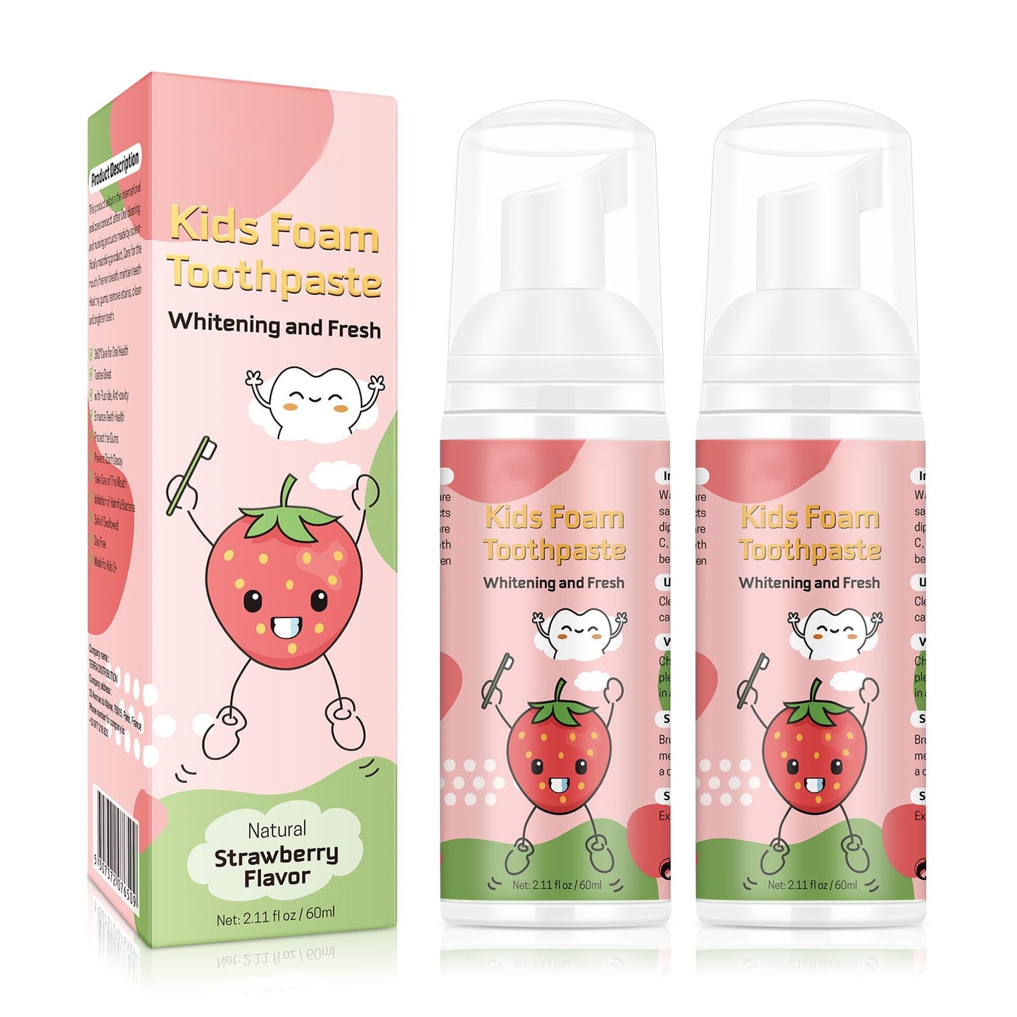 Foam Toothpaste Kids 2PCS – Strawberry Flavor, 60ml x 2, U-Shape & Electric Toothbrush Compatible