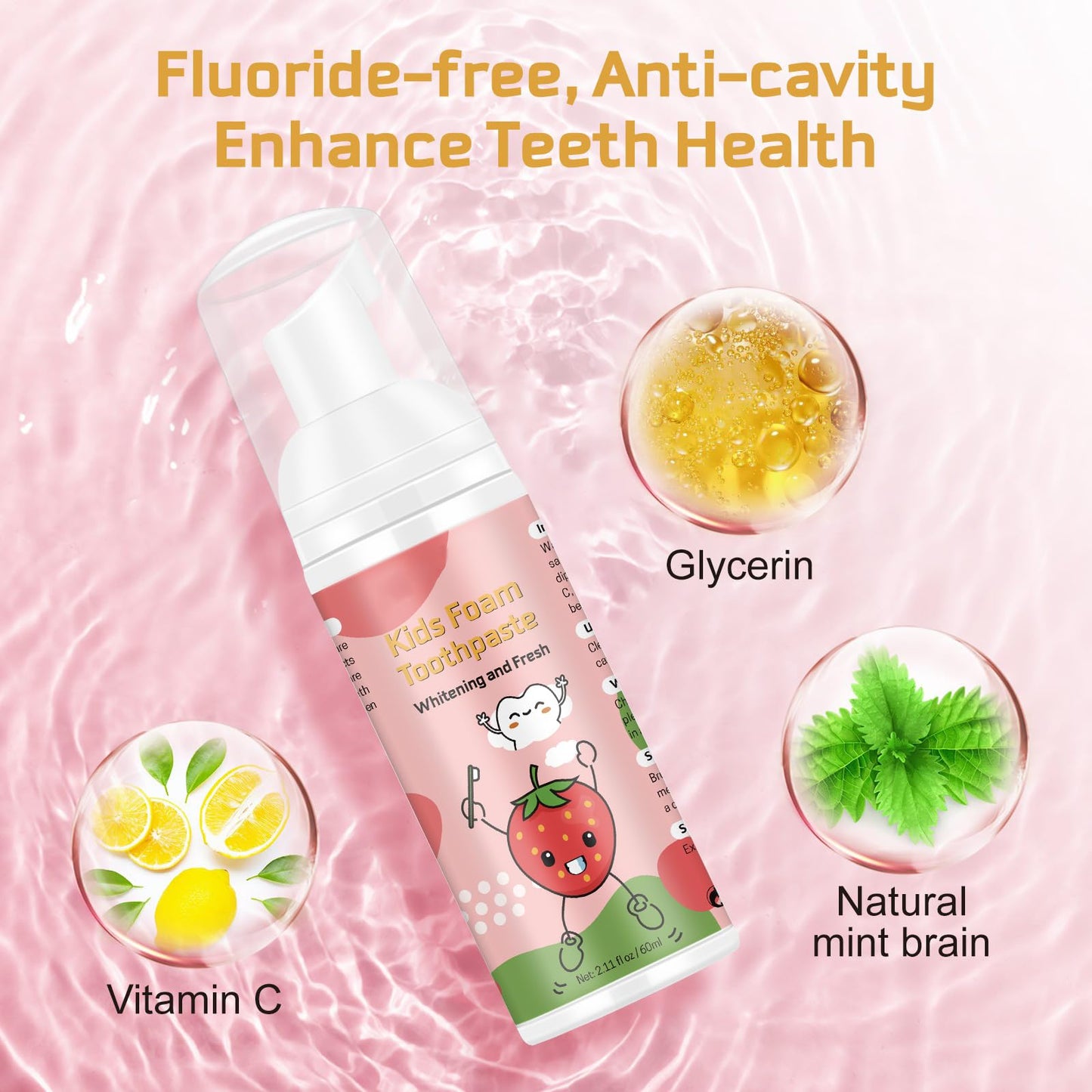 Foam Toothpaste Kids 2PCS – Strawberry Flavor, 60ml x 2, U-Shape & Electric Toothbrush Compatible