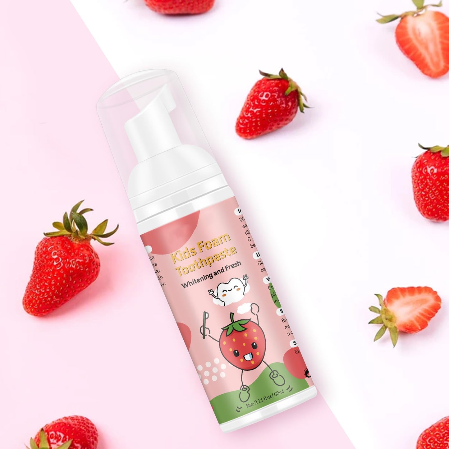 Foam Toothpaste Kids 2PCS – Strawberry Flavor, 60ml x 2, U-Shape & Electric Toothbrush Compatible
