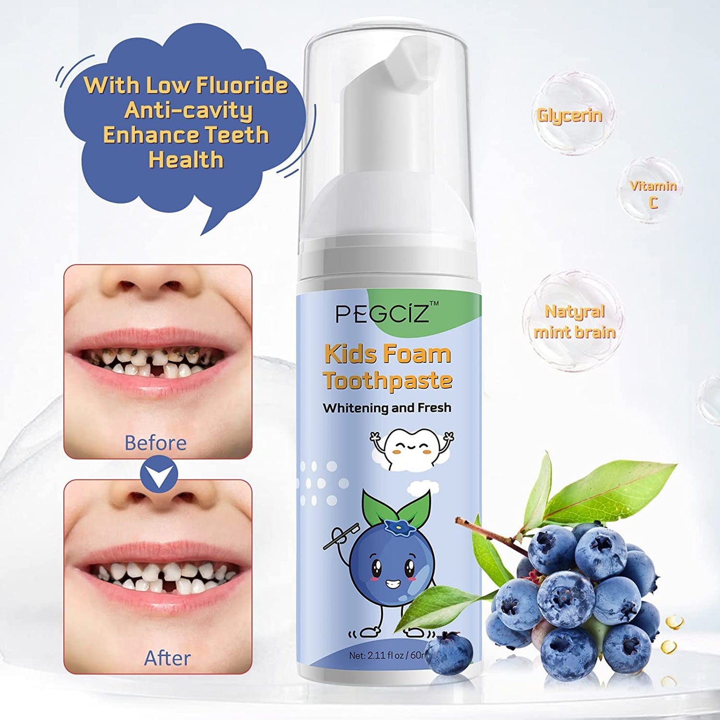 Foam Toothpaste for Kids – Low Fluoride, U‑Shaped Toothbrush, Fruit Flavor
