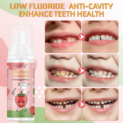 Foam Toothpaste for Kids – Low Fluoride, U‑Shaped Toothbrush, Fruit Flavor