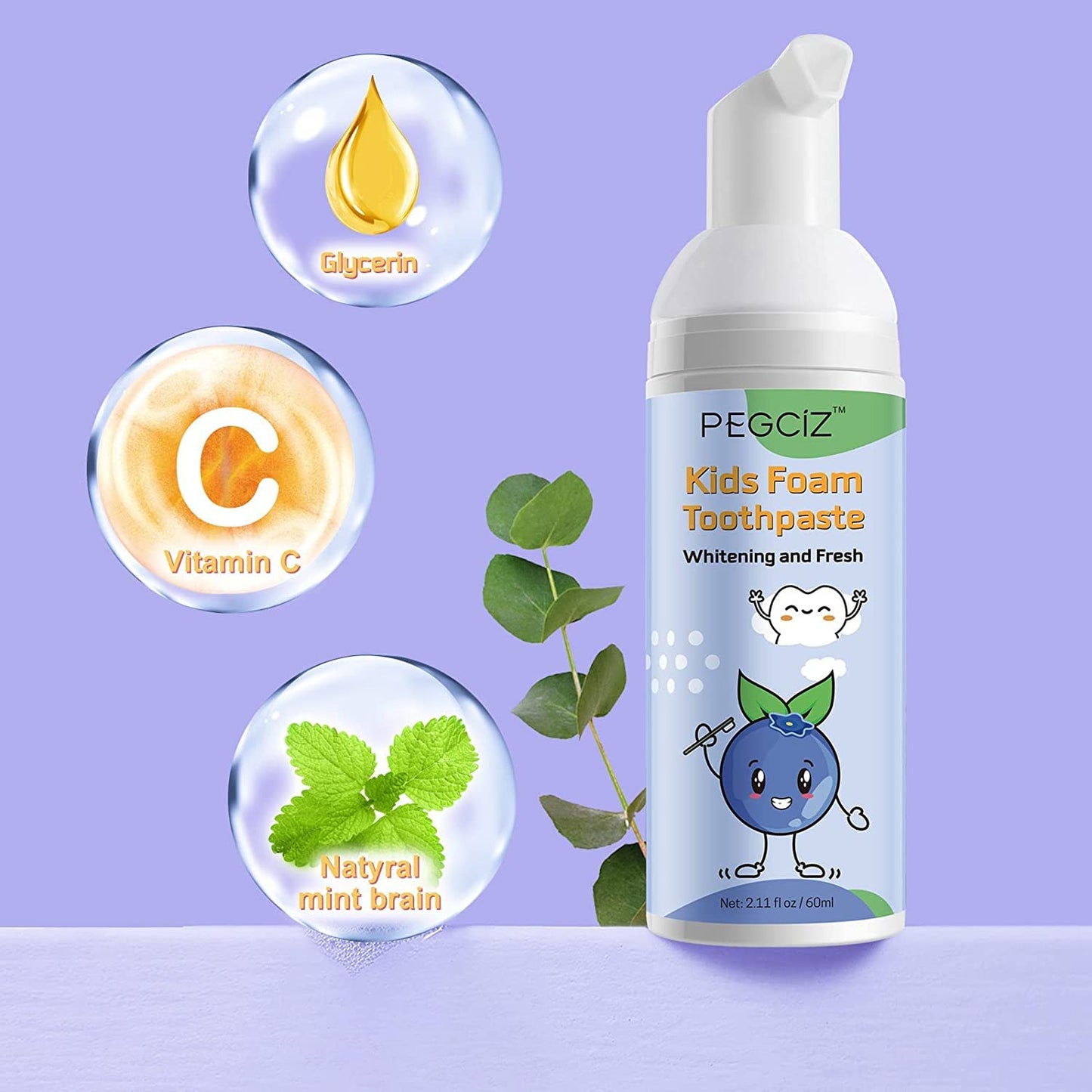 Foam Toothpaste Kids - Low Fluoride, Strawberry-Blueberry Flavor for U-Shaped Toothbrush