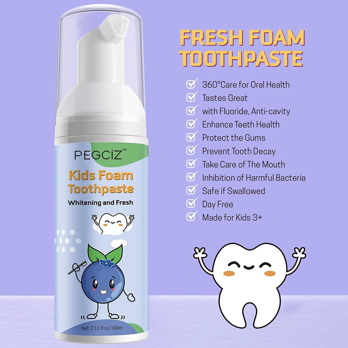 Foam Toothpaste Kids - Low Fluoride, Strawberry-Blueberry Flavor for U-Shaped Toothbrush