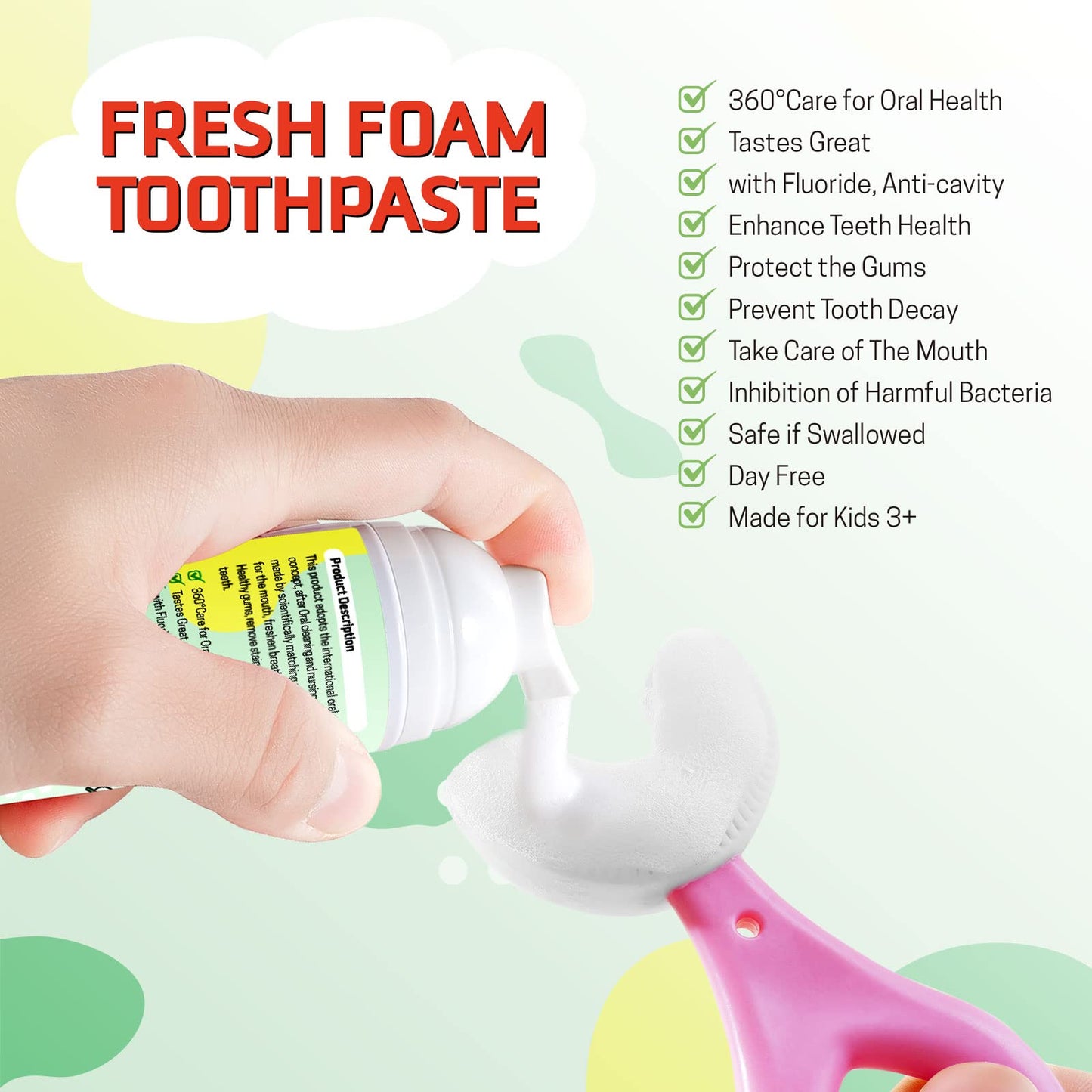 Foam Toothpaste for Kids — Fluoride-Free, Watermelon & Strawberry (Ages 3+) for U-Shaped & Electric Toothbrushes