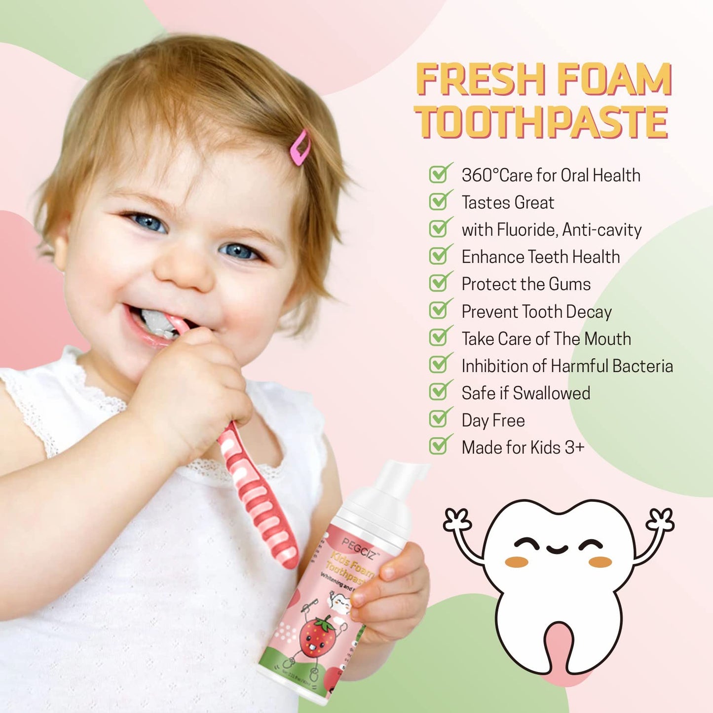 Foam Toothpaste Kids – Fruit Flavor Mouthwash for Toddlers | 360°Care Anti-Cavity with Fluoride