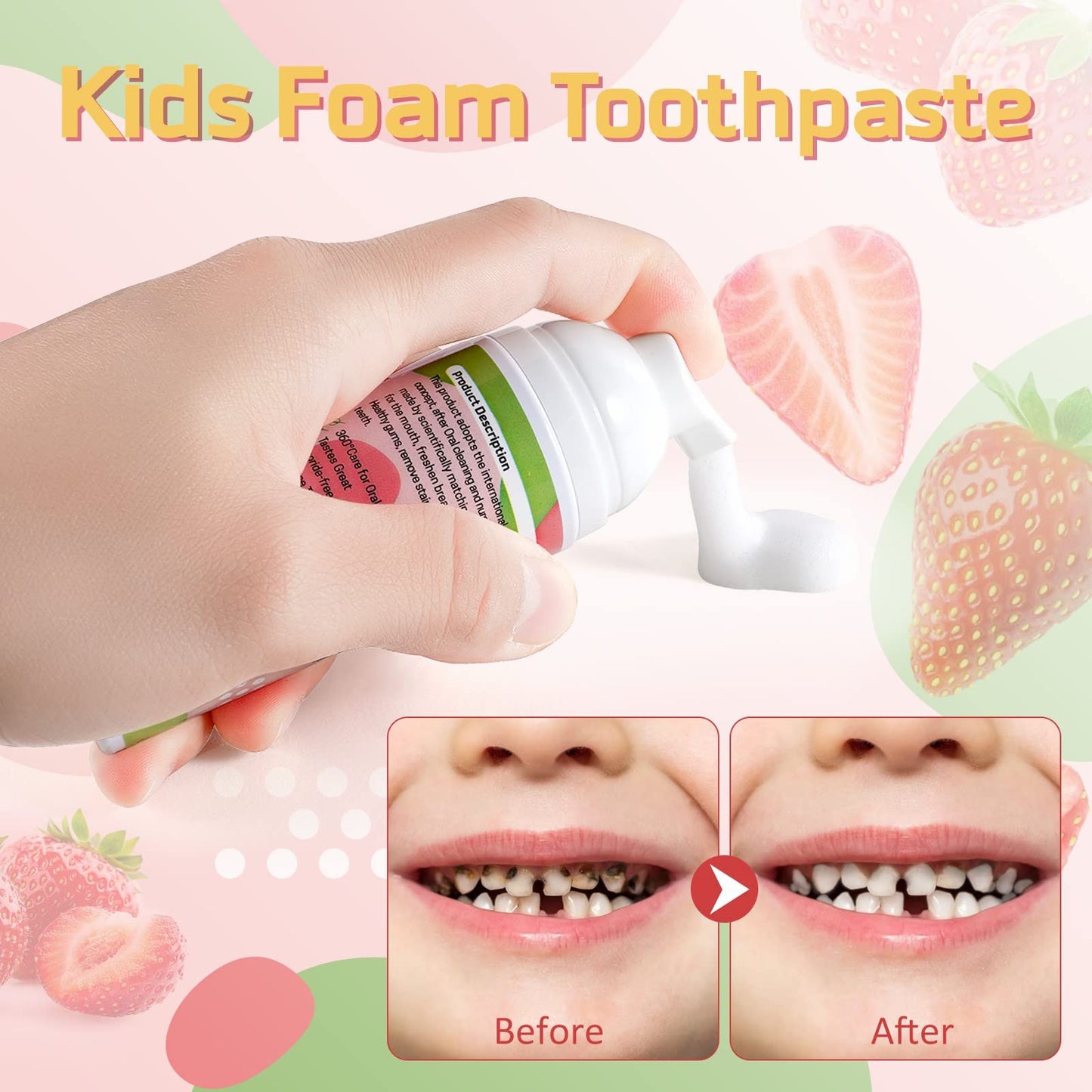 Foam Toothpaste Kids – Fruit Flavor Mouthwash for Toddlers | 360°Care Anti-Cavity with Fluoride