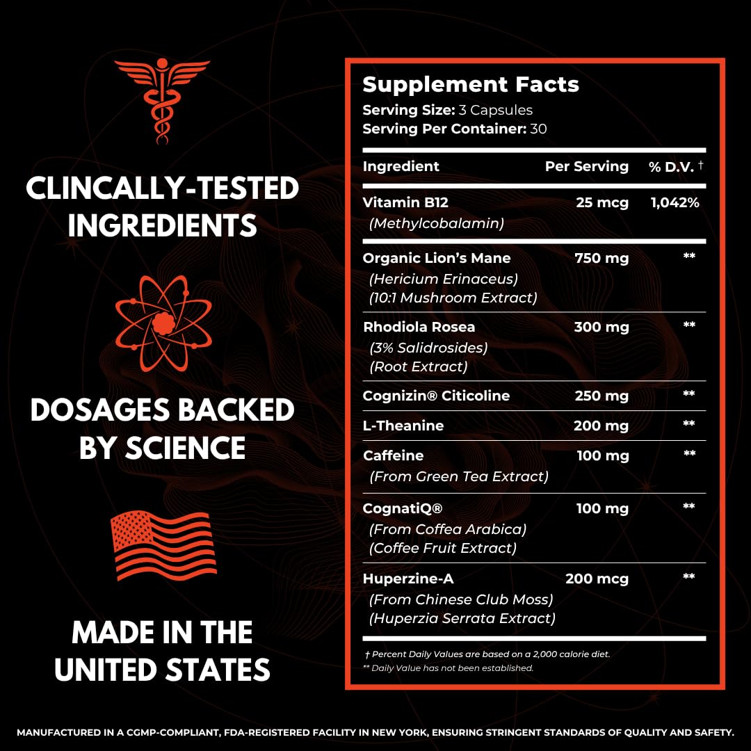 FOCUS by HUMBLEROOTS PERFORMANCE – Advanced Nootropic Brain Support (Lion’s Mane, Caffeine, L-Theanine) 90 Capsules