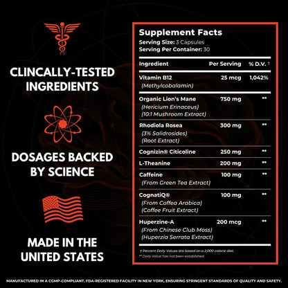 FOCUS by HUMBLEROOTS PERFORMANCE – Advanced Nootropic Brain Support (Lion’s Mane, Caffeine, L-Theanine) 90 Capsules
