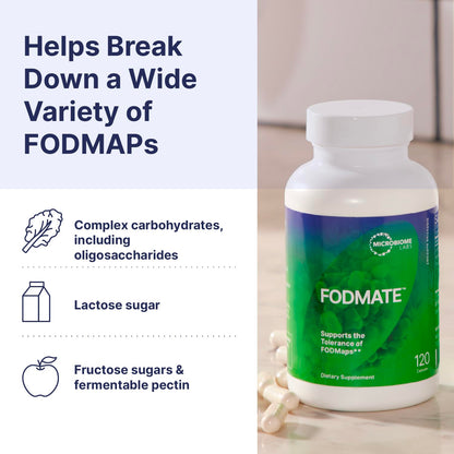 Microbiome Labs FODMATE Digestive Enzymes for Women & Men — Low FODMAP Support (120 Capsules)
