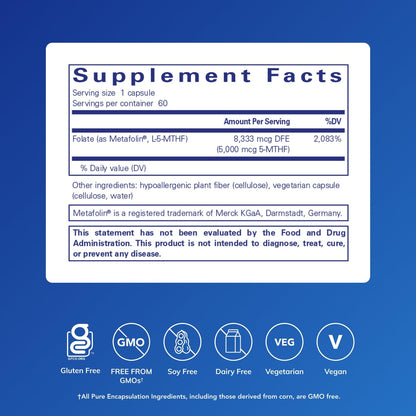 Pure Encapsulations Folate 5,000 - 5-MTHF Activated Vitamin B9 (60 Capsules)