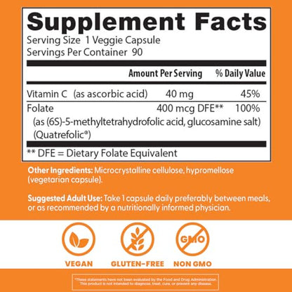 Doctor's Best Fully Active Folate with Quatrefolic 400 mcg – Healthy Mood, Memory & Circulation | 90 VC