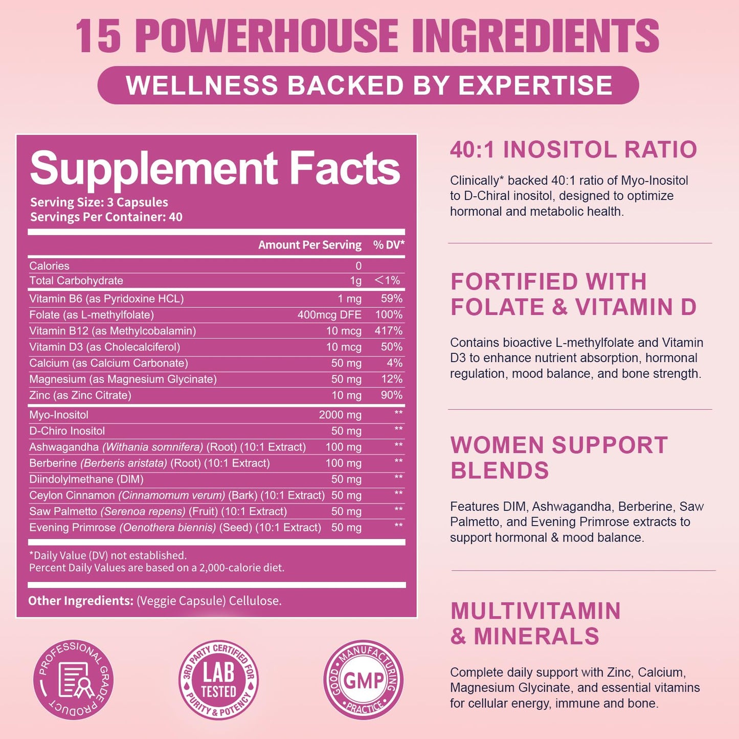 Myo-Inositol & D-Chiro Inositol Supplement for Women – 40:1 Ratio, 120 Ct