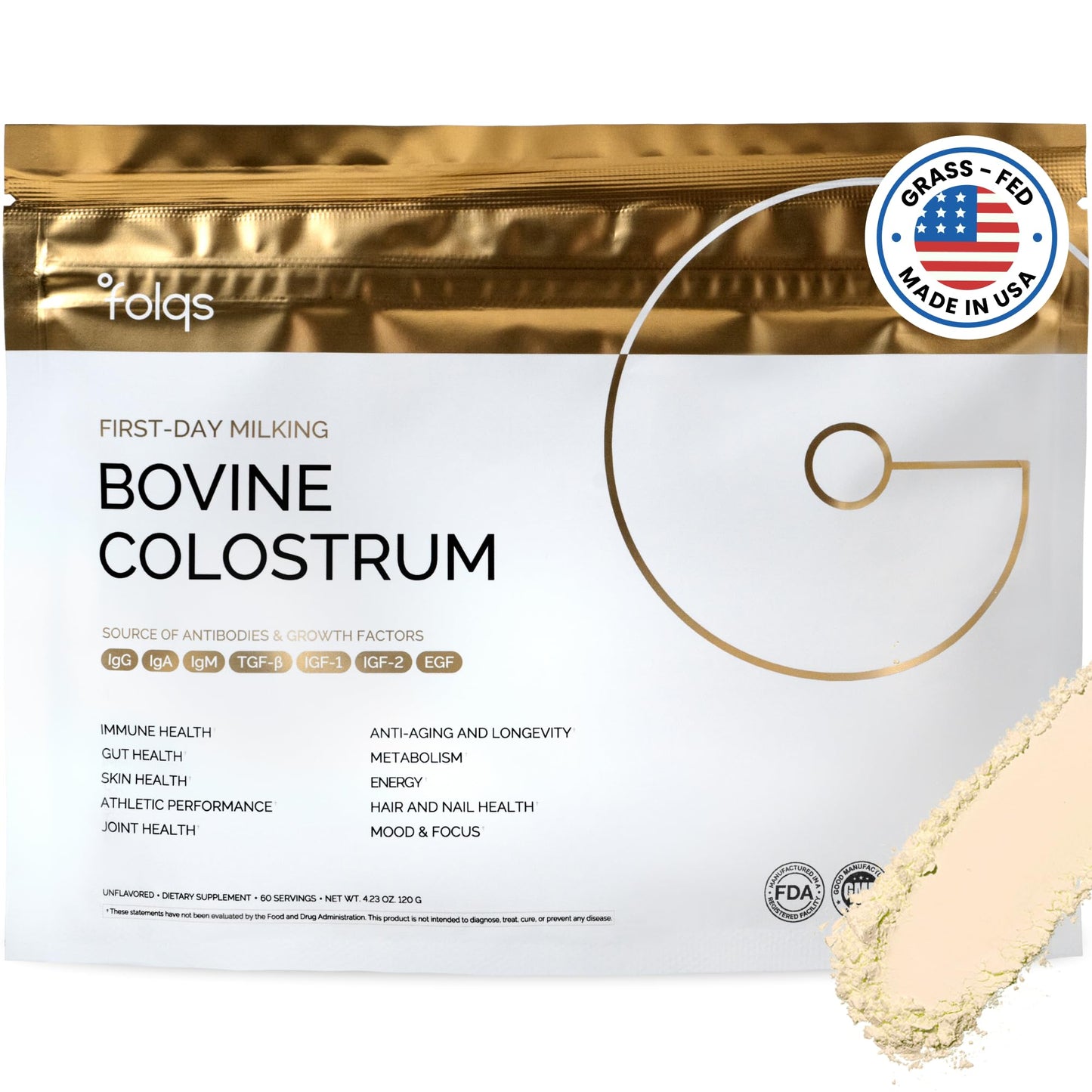 Folqs Bovine Colostrum Powder — First-Day Milking for Immune & Gut Support, 60 Servings, Made in USA
