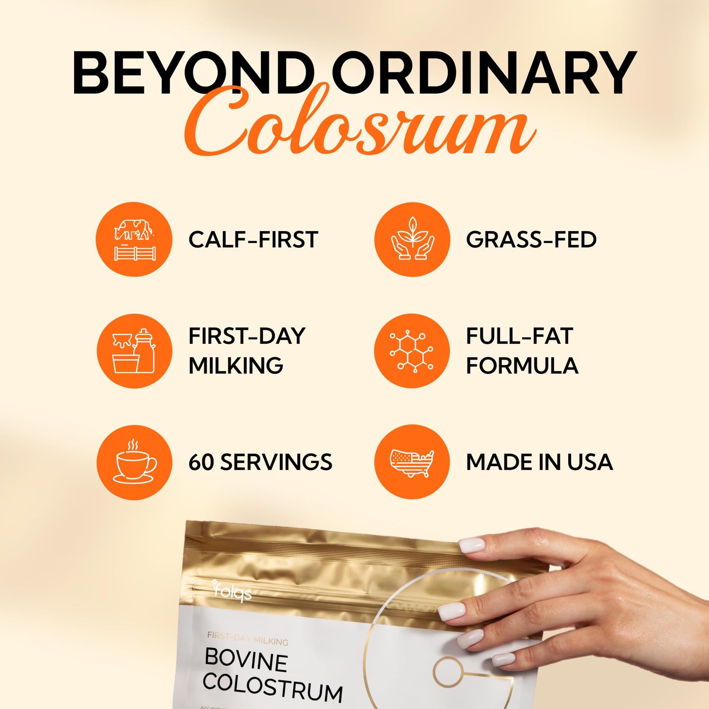 Folqs Bovine Colostrum Powder — First-Day Milking for Immune & Gut Support, 60 Servings, Made in USA