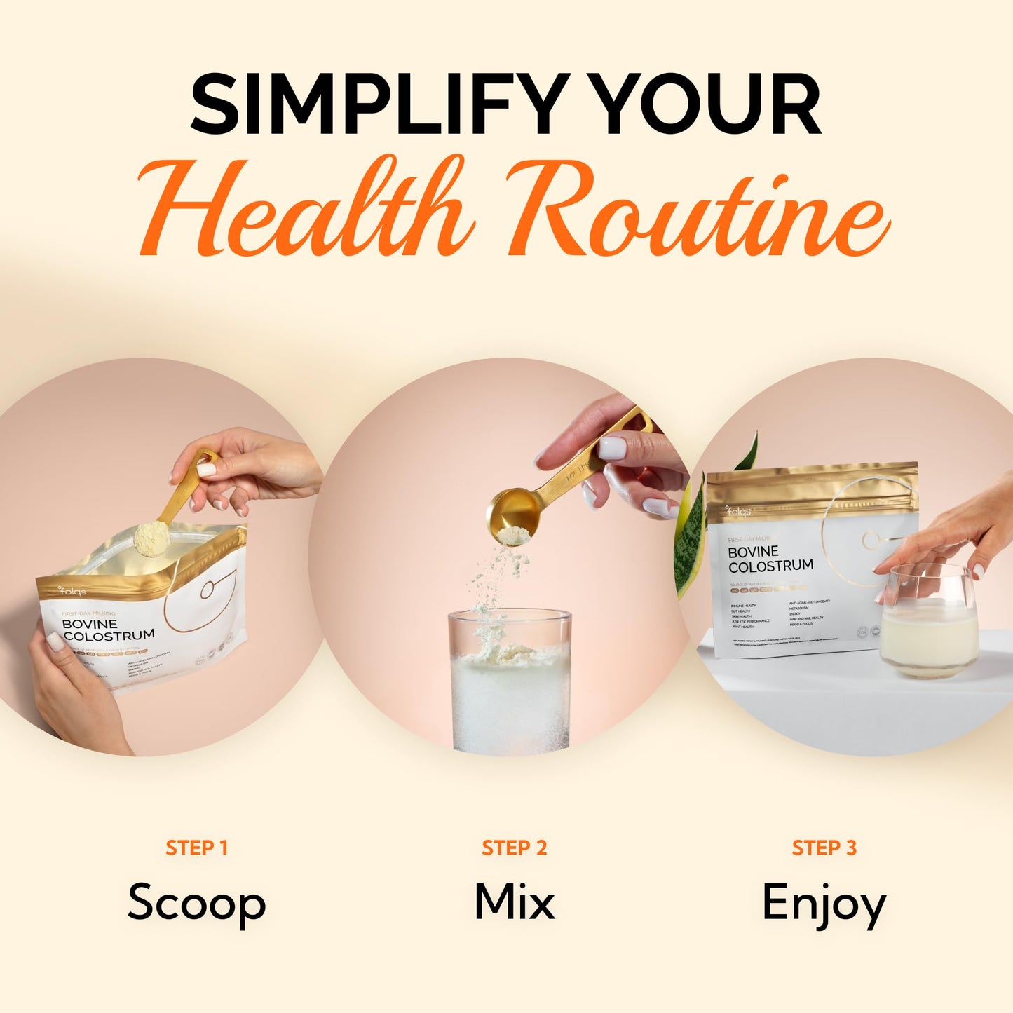 Folqs Bovine Colostrum Powder — First-Day Milking for Immune & Gut Support, 60 Servings, Made in USA
