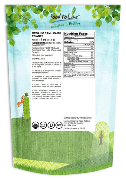 Food to Live Organic Camu Camu Powder 4 oz – Non-GMO, Raw, Kosher, Vegan