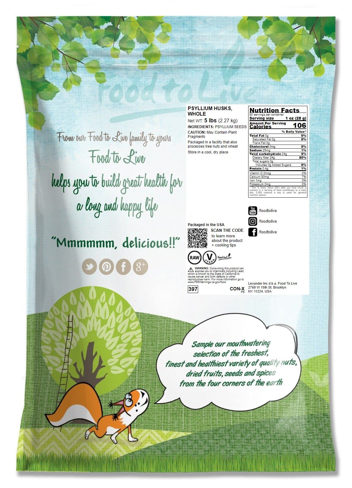 Food to Live Whole Psyllium Husks - 5 lb | Pure Psyllium Husk Flakes, Unflavored, Keto, Vegan